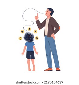 Man Father Talking to His Confused Son as Problematic Communication and Misunderstanding Between Parent and Child Vector Illustration