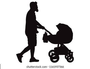 Man (father) Walking With Baby Carriage Silhouette, Vector