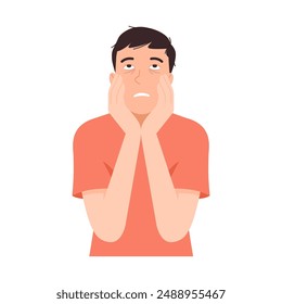 Man is fatigue and tired because of insomnia. Wrinkles under his eyes because of sleepy. Sleep problem. vector illustration