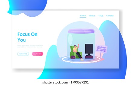 Man Fear to Change Life Landing Page Template. Poor and Lazy Male Character Sitting in Glass Jar under Transparent Dome inside of Comfort Zone Watching Tv and Eating Pizza. Cartoon Vector Illustration