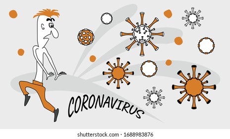 A man in fear flees from a coronavirus. A joking caricature. Cartoon. Eps file.