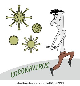 A man in fear flees from a coronavirus. A joking caricature. Cartoon. Eps file.