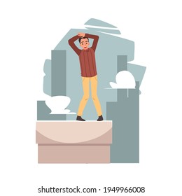 Man with fear or phobia of heights, flat vector illustration isolated.