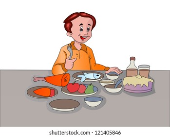 Festín masculino de carne de pescado Vegetales Frutos Pastel y Bebida, ilustración vectorial