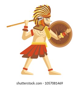 Man in feathers hat with round shield and long spear