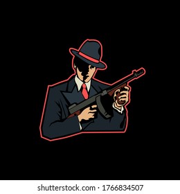 Mann mit Fedora, der das Logo der E-Sport-Maskottchen, das Logo der mafia e-sport-Vektorgrafik für Ihr Gaming-Team mitbringt usw.