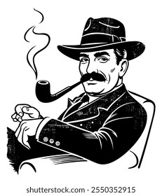 Man in fedora hat smoking pipe. Retro vector black and white illustration.