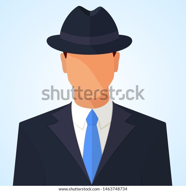 フェドラ帽と顔のないスーツを着た男性 刑事 秘密捜査官 マフィアの性格 青の背景に平らなスタイルのカラフルなベクターイラストアイコン のベクター画像素材 ロイヤリティフリー