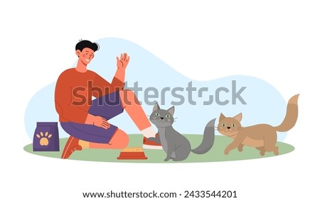 Man feed cats concept. Young guy sitting near bowls with food. Care about domestic animals and pets. Generosity and kindness, activist and volunteer. Cartoon flat vector illustration