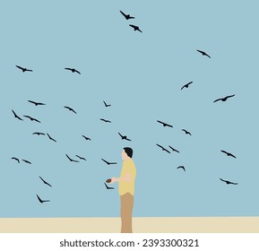 Man feeding bird on sky. Sunny day with blue sky wildlife background. Seagulls flying around him. Minimal design. Natural landscape.