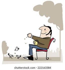 man feeding birds in the park