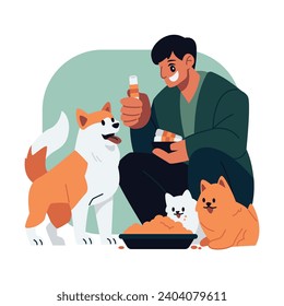 Man feeding cats and dogs Vector illustration in flat cartoon style