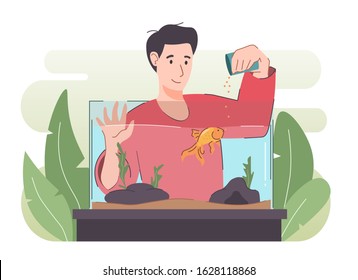 Man Feeding Fish. Goldfish In Aquarium. Happy People With Pet