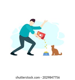 man is feeding food a pet cat animal people character flat design vector illustration