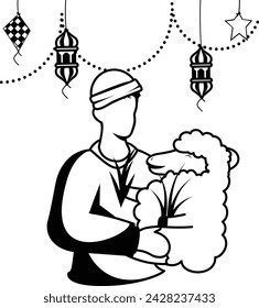 Man is feeding Goat with forages vector design, Eid al-Azha Eid ul Kabir Symbol, Hajj Sign, Muslims religious Festival Stock illustration, villagers boy with sheep in the village concept