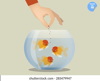 Man Feeding Goldfish In Bowl, Pet Concept