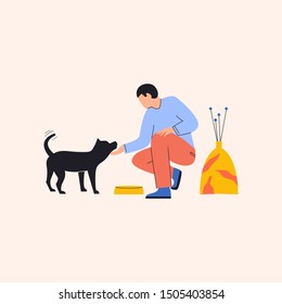 Man feeding her dog. Man sitting and petting his dog with dish bowl on the floor. Dog is standing and waiting for food. Vase with flowers near them. Flat vector illustration