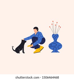 Man feeding her dog. Man sitting and petting a dog with dish bowl in her hand. Dog is sitting and waiting for food. Vase with flowers near them. Flat vector illustration