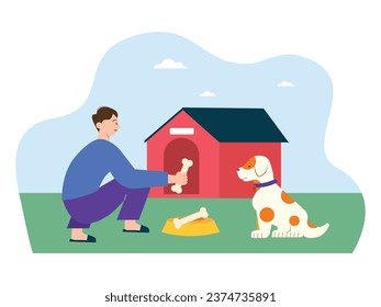 Man feeding his puppy dog with a bone, in the courtyard with the red color doggy house during the day. Everyday activity. Character design. Vector flat illustration