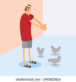 El hombre alimenta a los pájaros en verano. Palomas. Cena. En la calle. Un hombre con pantuflas y pantalones cortos. Con una venda en la cabeza. El personaje. Ilustración vectorial.