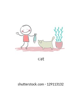 Man feeds cat fish. Illustration.