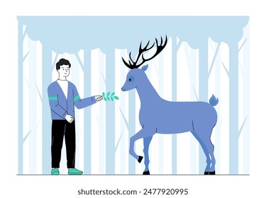 Man feeds deer. Young guy in woods giving food to deer. Wilderness environment and wild area. Ranger and scout with forest dweller. Linear flat vector illustration isolated on white background