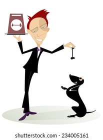 Man feeds a dog with a bone