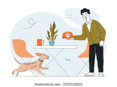 El hombre alimenta al perro. Chico joven dar comida a animal doméstico y cachorro. Alimento voluntario para mascotas. Generosidad y bondad, caridad. Ilustración vectorial lineal aislada sobre fondo blanco