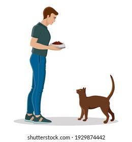 Man feeds his cat with animal food. Illustration of a happy pet owner. Vector isolated