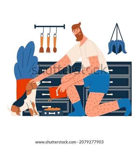 A man feeds his pet with dry food in the morning in the kitchen. Friendship with your dog. Vector illustration hand drawn in flat style.