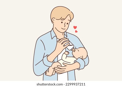 Man feeds newborn baby experiencing fatherly love for baby for concept of equal parenting. Young guy gives milk from bottle to newborn son or daughter, showing tenderness and care for kid