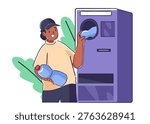 Man feeds plastic bottle into reverse vending machine, holding another container, with clean shapes and bold lines. Concept of sustainability, eco habit, waste reduction, and green action. Cartoon vector illustration.