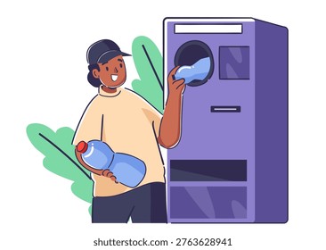 Man feeds plastic bottle into reverse vending machine, holding another container, with clean shapes and bold lines. Concept of sustainability, eco habit, waste reduction, and green action. Cartoon vector illustration.