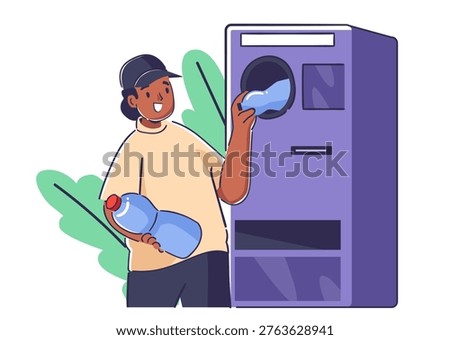 Man feeds plastic bottle into reverse vending machine, holding another container, with clean shapes and bold lines. Concept of sustainability, eco habit, waste reduction, and green action. Cartoon vector illustration.
