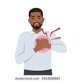 Man feel chest pain. Heart attack or symptoms of heart disease. Flat vector illustration isolated on white background