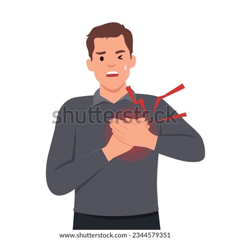 Man feel chest pain. Heart attack or symptoms of heart disease. Idea of health danger and sickness. Flat vector illustration isolated on white background