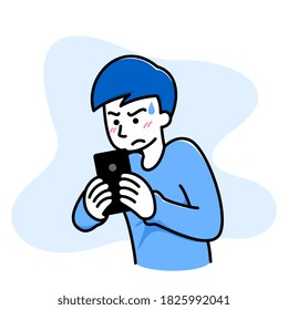 Man feel confused, angry, bad when he play a game on his cellphone, mobile phone, smartphone. Anger people use electronic gadget concept. Vector illustration blue mono-tone color flat design.