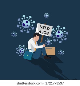 Man feel depressed losing a job because of corona virus impact. Economy crisis. Jobless, unemployed, fired, lay off. Flat vector design 