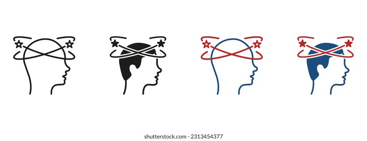 Man Feel Dizzy Line and Silhouette Black Icon Set. Tired Man with Nausea Pictogram. Migraine, Headache, Dizziness, Distracted Head Symbol Collection on White Background. Isolated Vector Illustration.