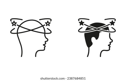 Man Feel Dizzy Line and Silhouette Black Icon Set. Tired Man with Nausea Pictogram. Migraine, Headache, Dizziness, Distracted Head Symbol Collection on White Background. Isolated Vector Illustration.