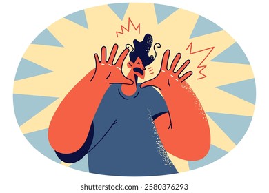 Man feel emotional scream making hand gesture. Terrified guy show stop gesture feeling fear and astonishment. Vector illustration.