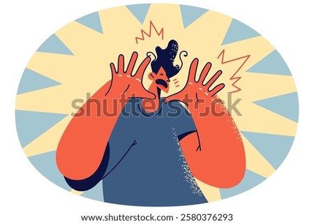 Man feel emotional scream making hand gesture. Terrified guy show stop gesture feeling fear and astonishment. Vector illustration.