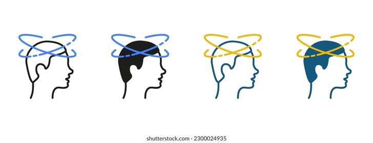 Man Feel Headache Pictogram. Tired Man with Nausea Line and Silhouette Black Icon Set. Dizzy, Distracted Head, Dizziness, Migraine Symbol Collection on White Background. Isolated Vector Illustration.