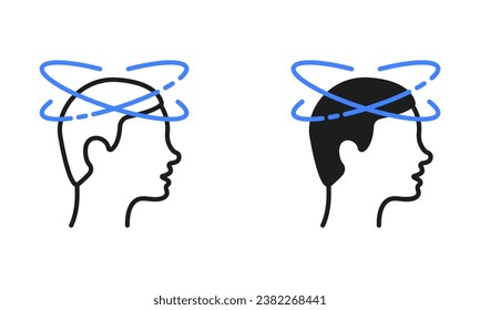 Man Feel Headache Pictogram. Tired Man with Nausea Line and Silhouette Black Icon Set. Dizzy, Distracted Head, Dizziness, Migraine Symbol Collection on White Background. Isolated Vector Illustration.