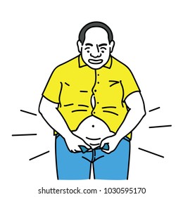 Man feel himself big belly, fat, overweight, obesity, oversized, when he trying to wear jeans. Outline, linear, thin line art, hand drawn sketch design.