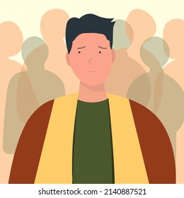 man feel insecure uncomfortable and not confident surrounded by people crowds