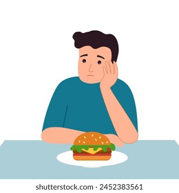 Man feel not hungry concept vector illustration on white background. Guy unable to eat.