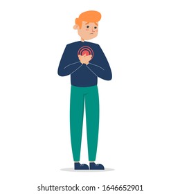Der Mensch empfindet Schmerzen in der Brust, isoliert von der Vektorillustration. Herzerkrankungen, Notfall. Männlicher Mensch mit Herzschlag.