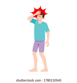 Man feel pain in his part of body. People in migraine neck and headache, backache and stomach ache painful zones. Patient feel badly. Vector isolated illustration in cartoon style.