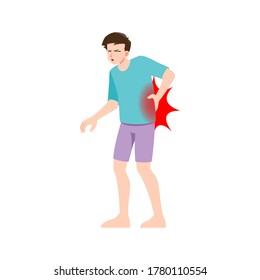 Man feel pain in his part of body. People in migraine neck and headache, backache and stomach ache painful zones. Patient feel badly. Vector isolated illustration in cartoon style.